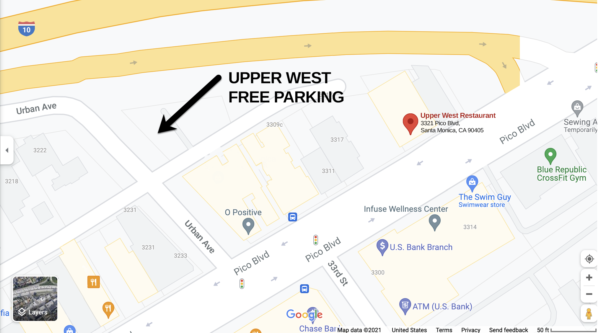 A map showing the free parking area back behind the Restaurant